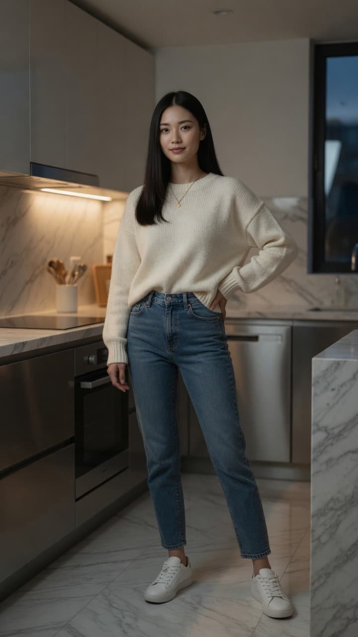 Raven hair kitchen casual pose