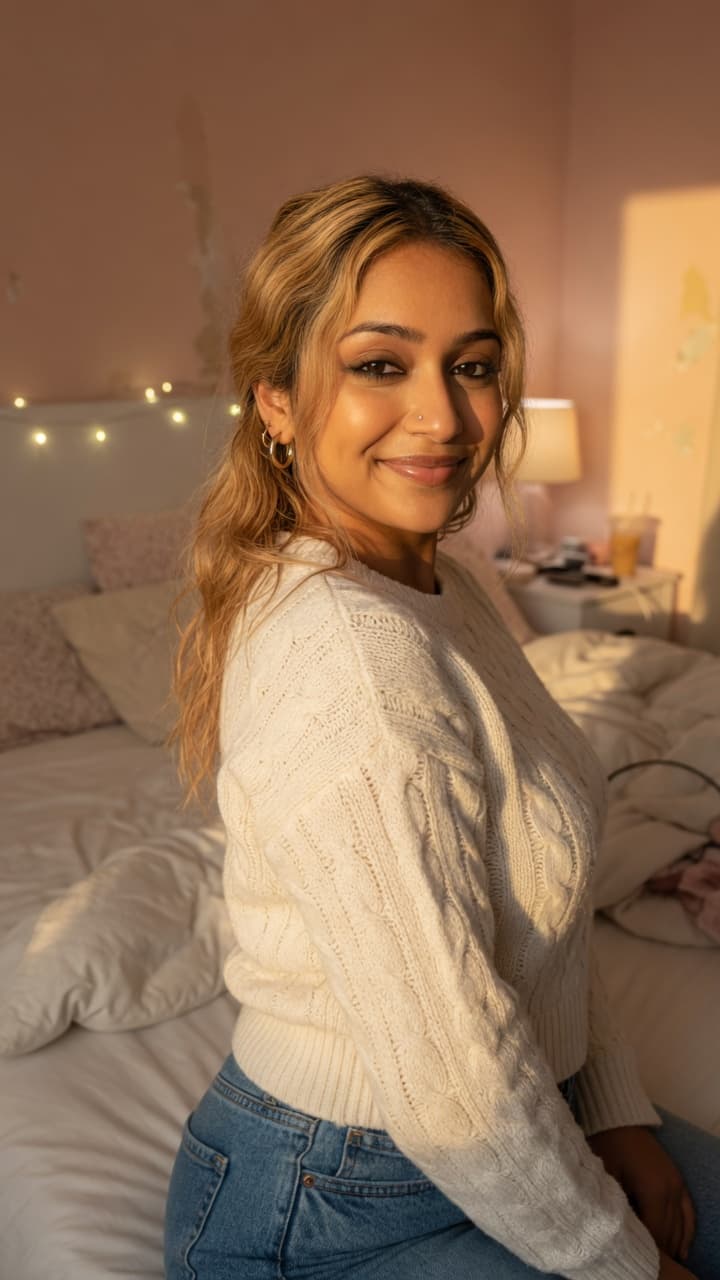 Cozy bedroom sweater selfie