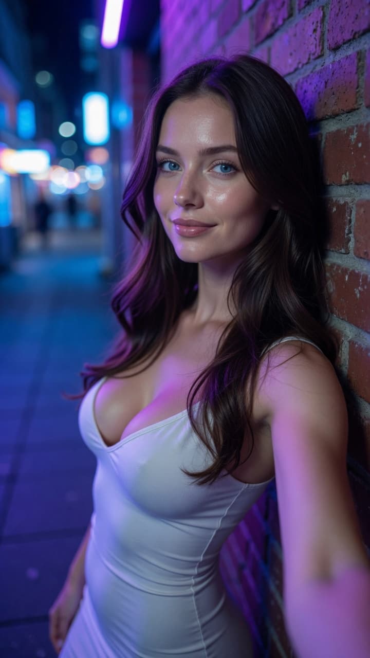 Slim brunette cleavage in white dress