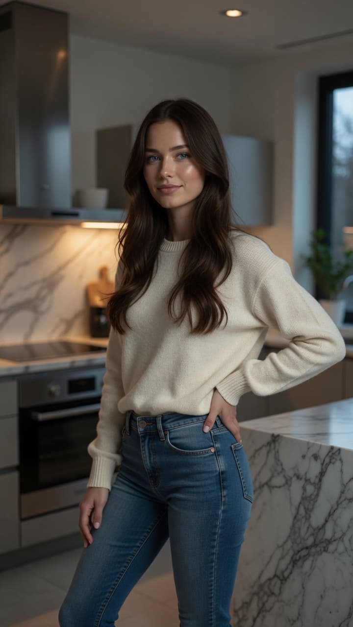 Kitchen marble counter casual pose