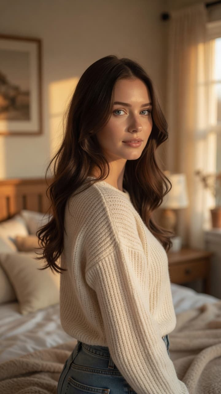 Blue eyes, long wavy hair, over-the-shoulder look