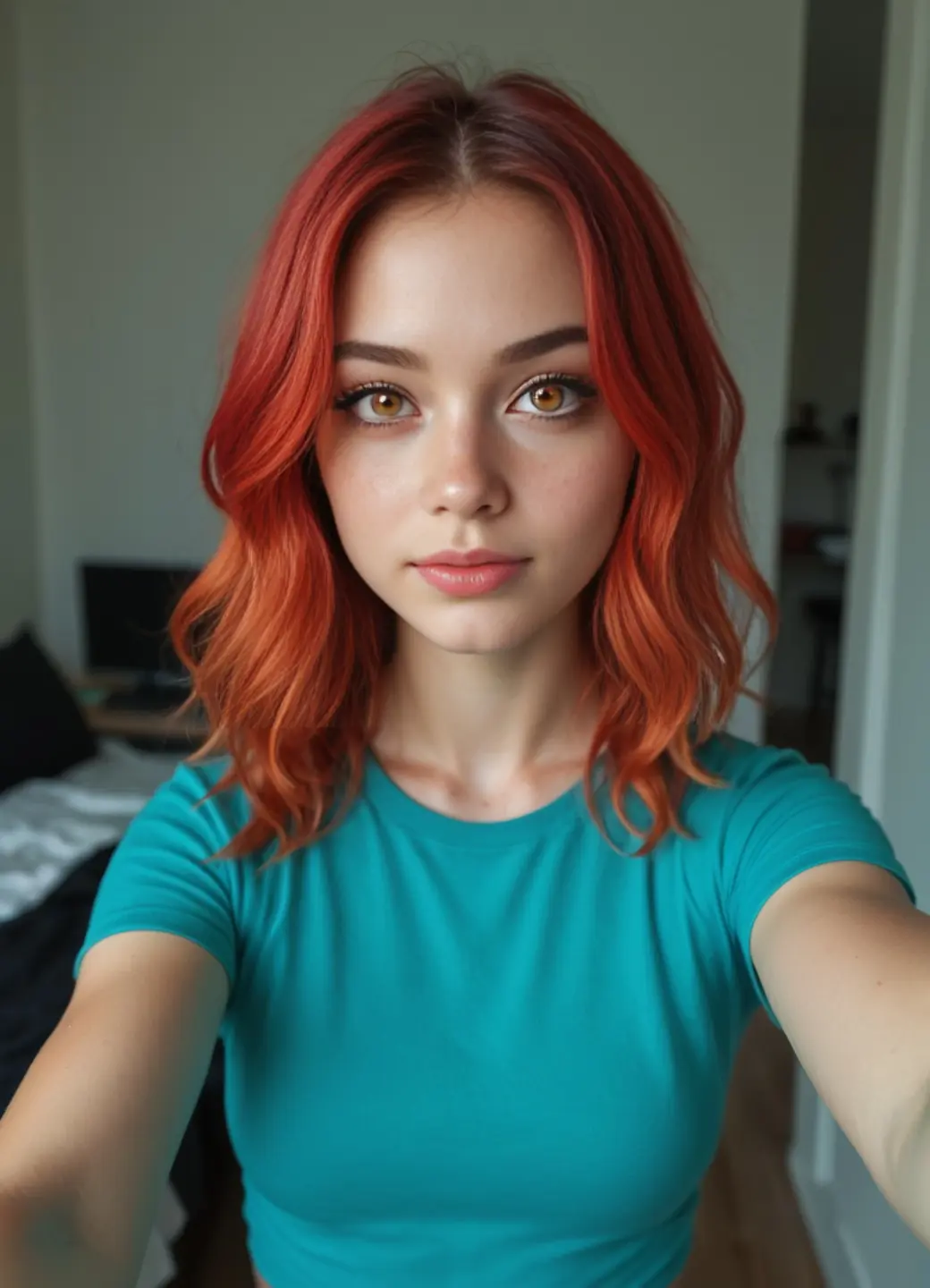 Redhead green eyes selfie in teal top bedroom