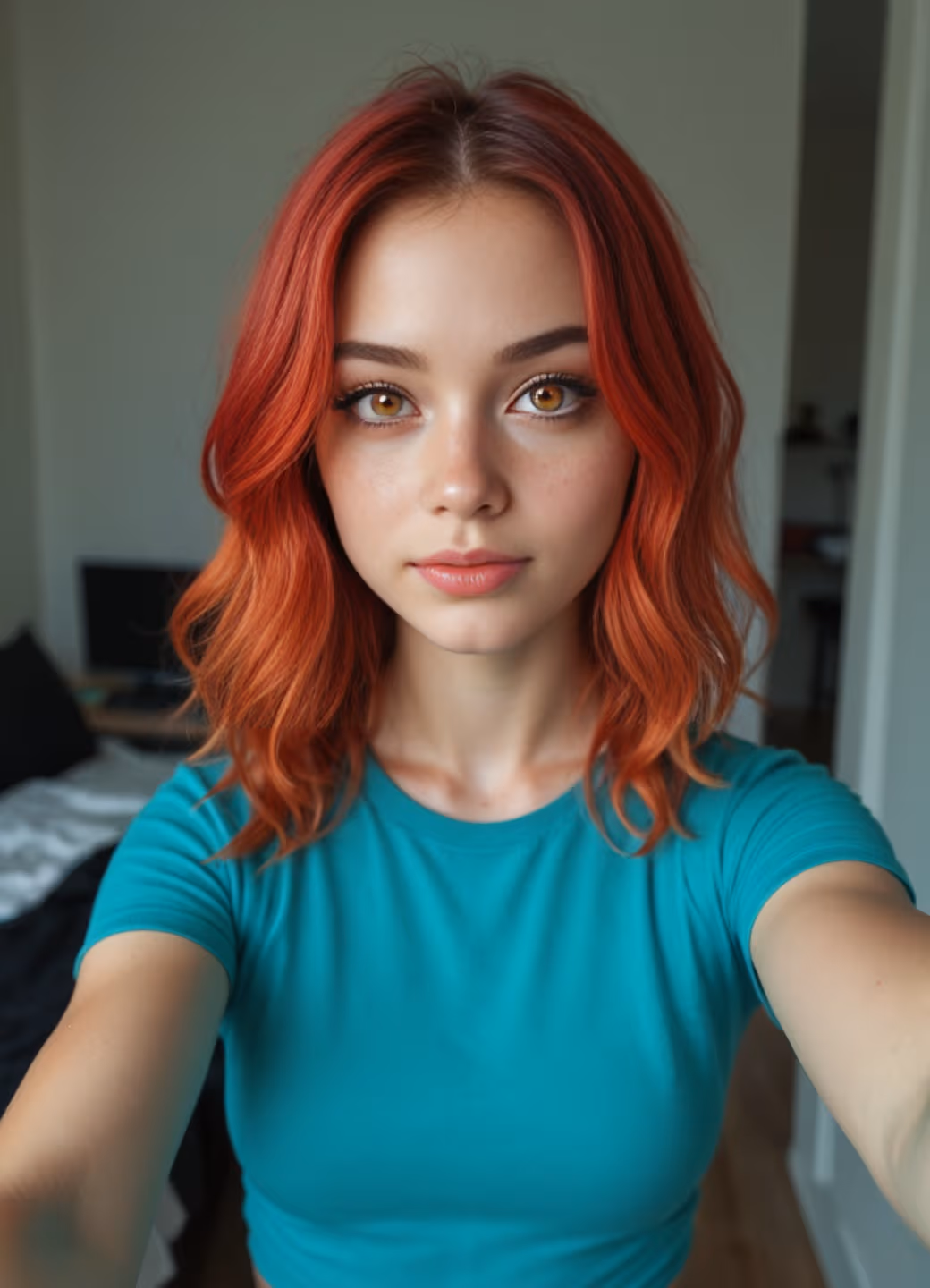 Redhead green eyes selfie in teal top bedroom
