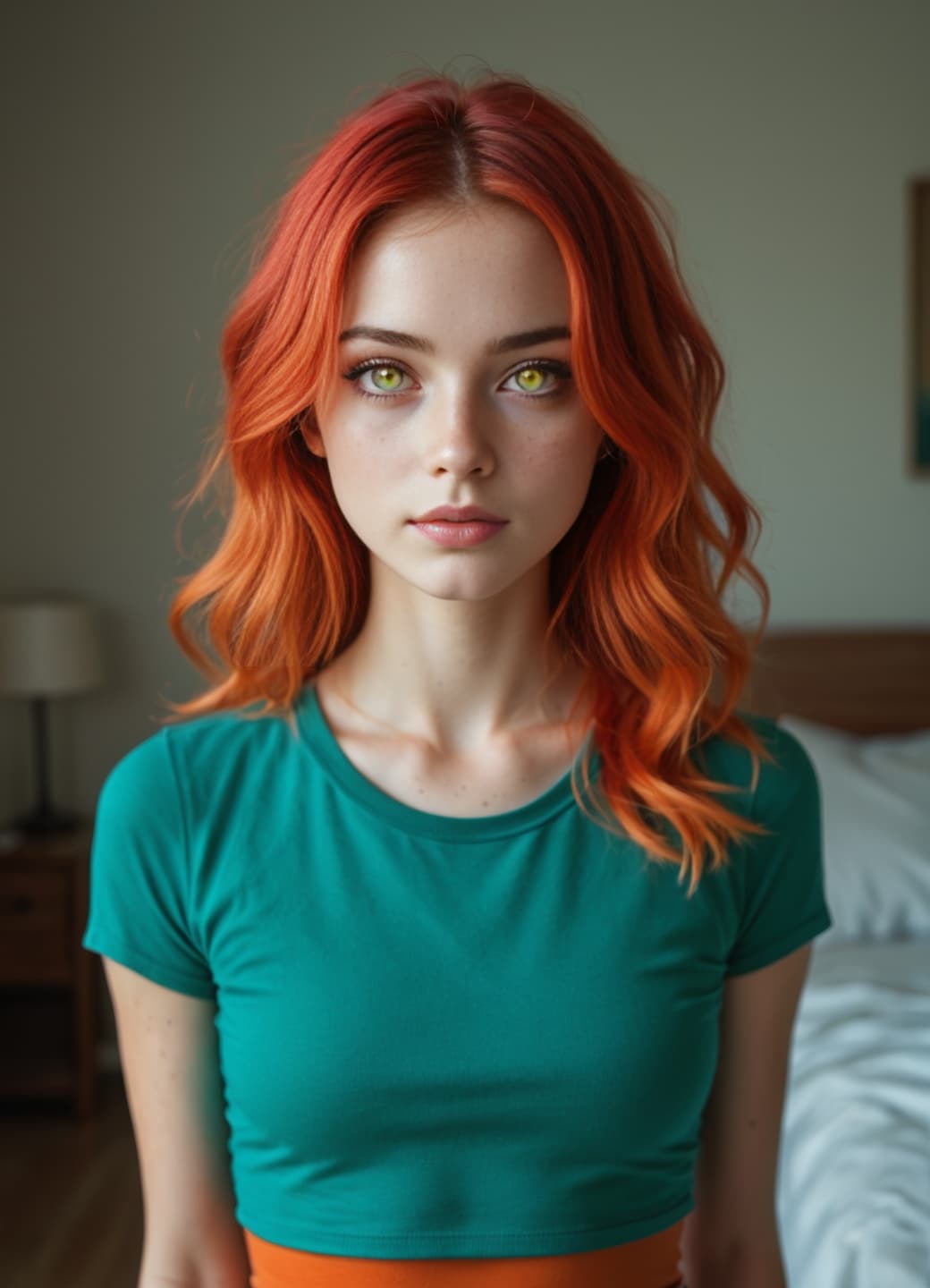 Redhead over-shoulder bedroom glance