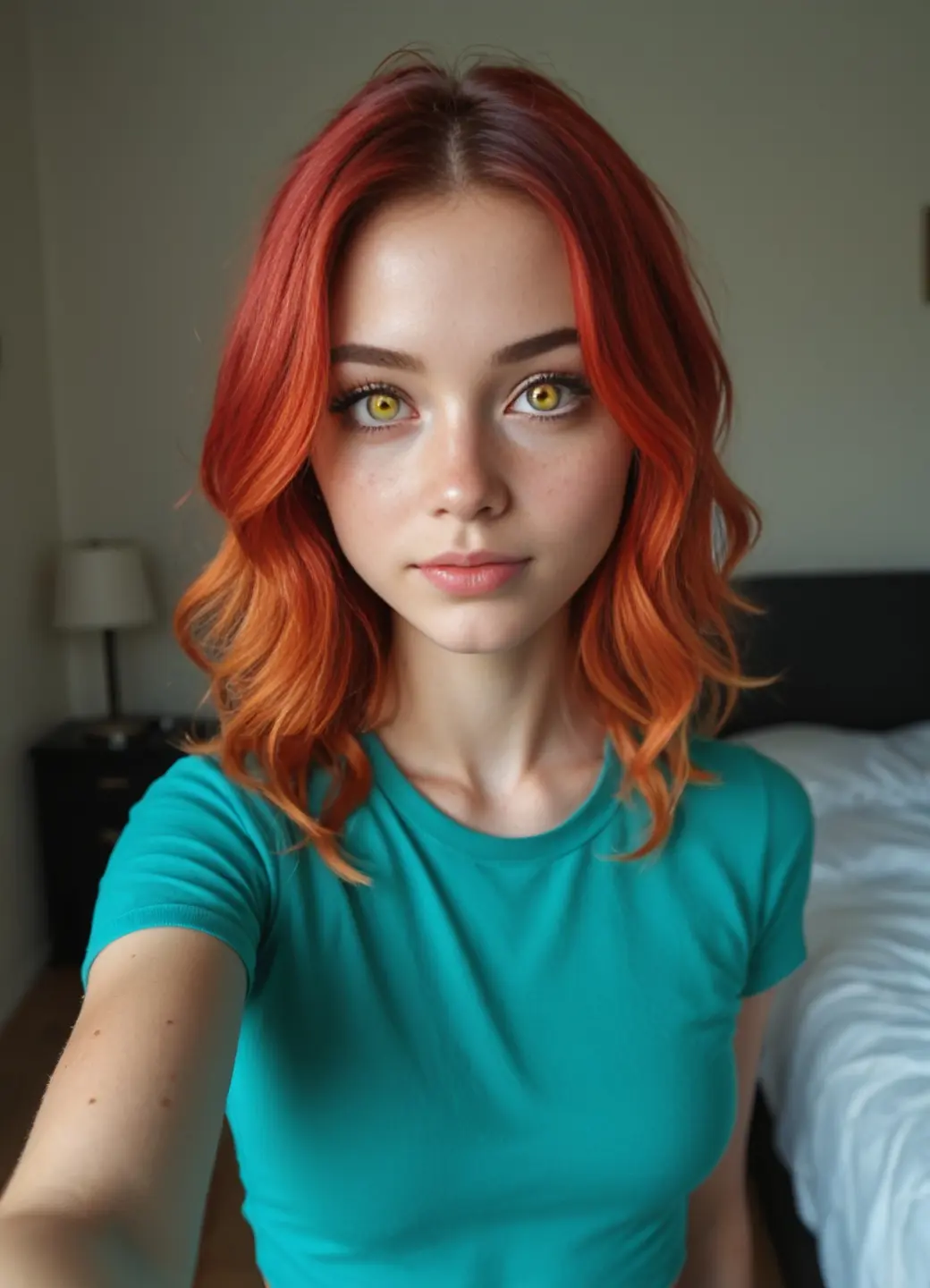 Redhead selfie in teal tee