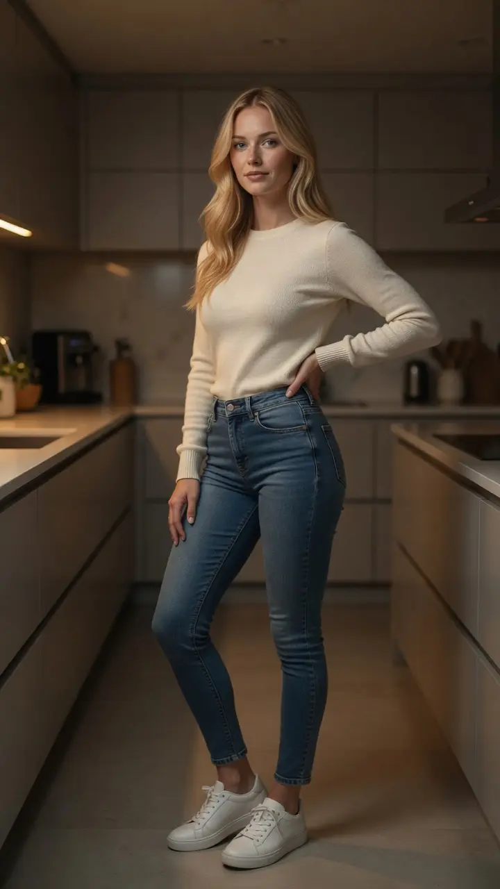 Full body kitchen pose in jeans
