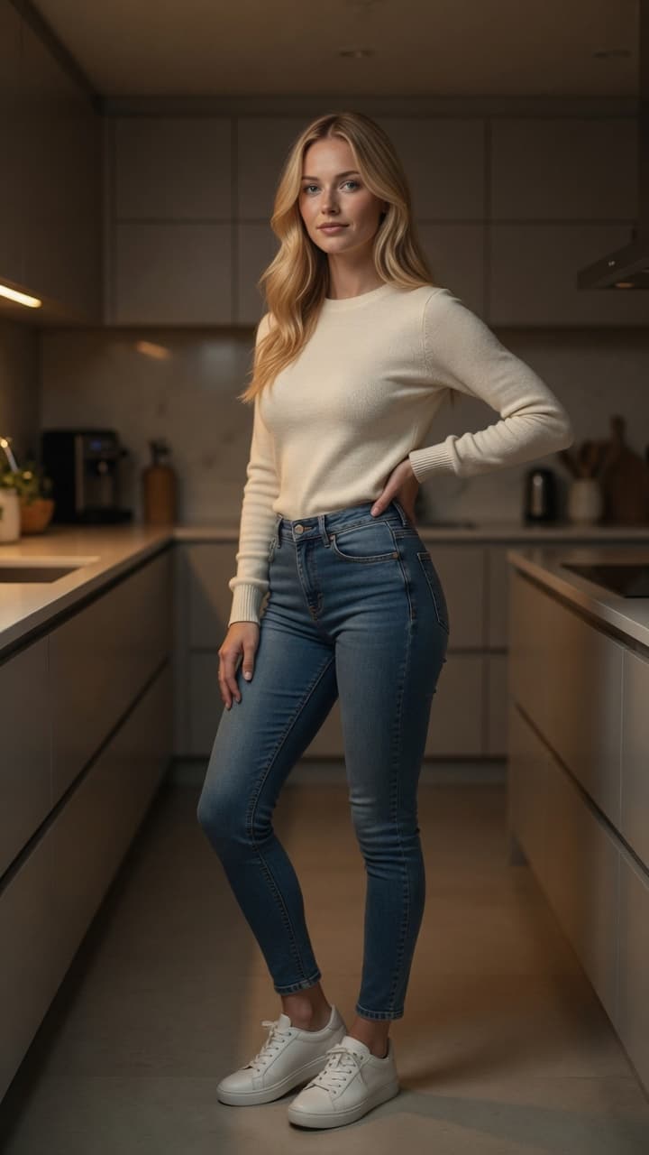 Full body kitchen pose in jeans