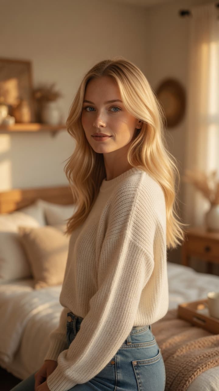 Blonde wavy hair over-the-shoulder bedroom glance