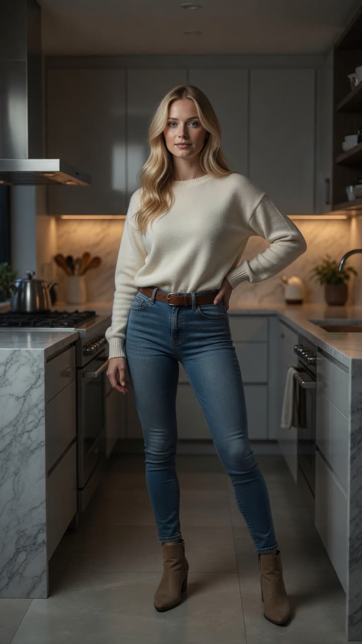 Young adult blonde kitchen pose
