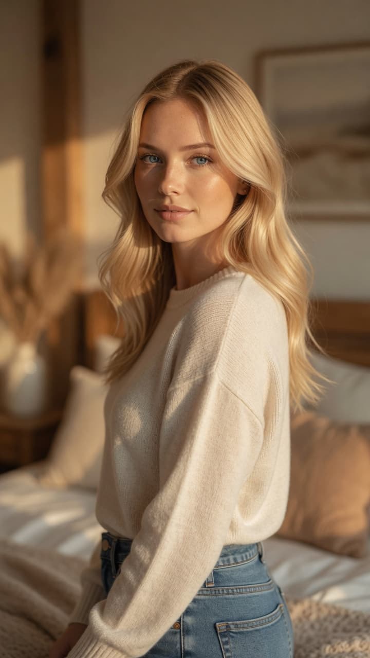 Curvy blonde in cozy bedroom