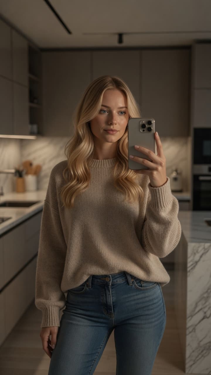 Wavy blonde mirror selfie kitchen