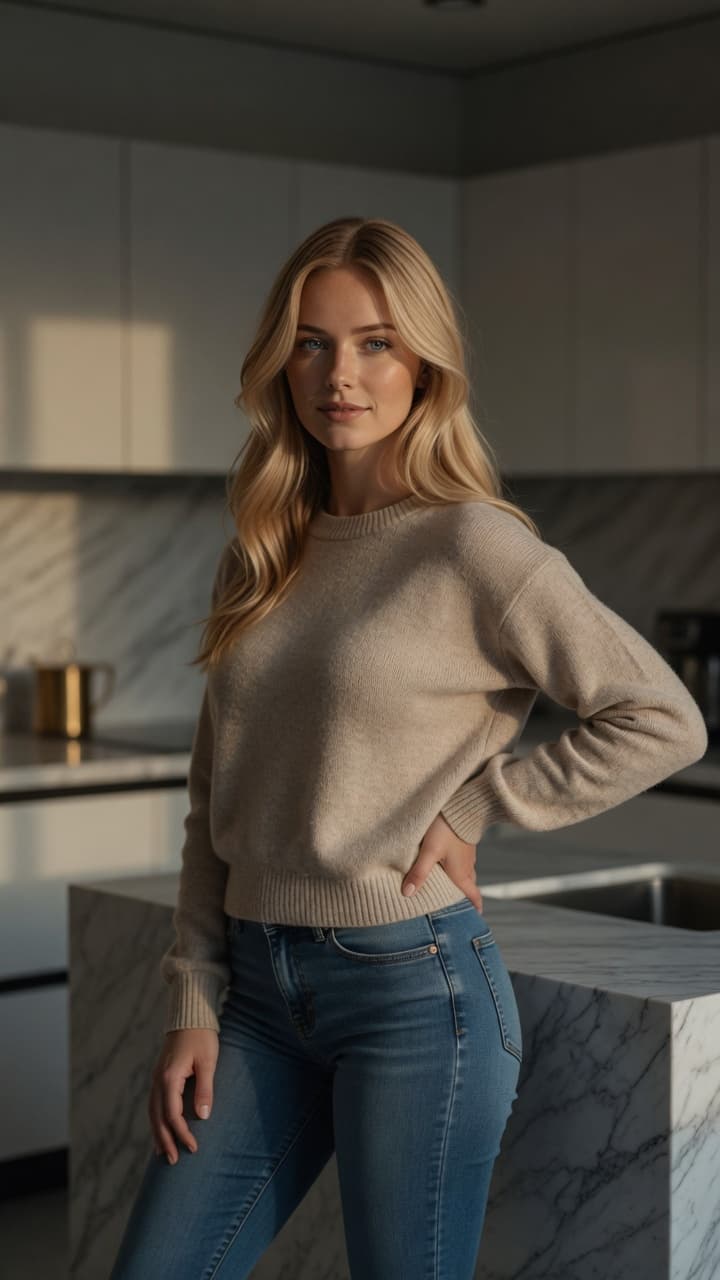 Blonde in kitchen wearing sweater