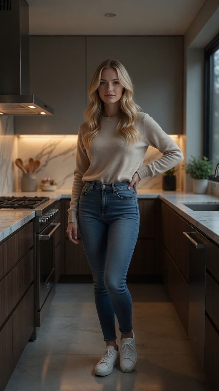 Confident pose in kitchen sweater