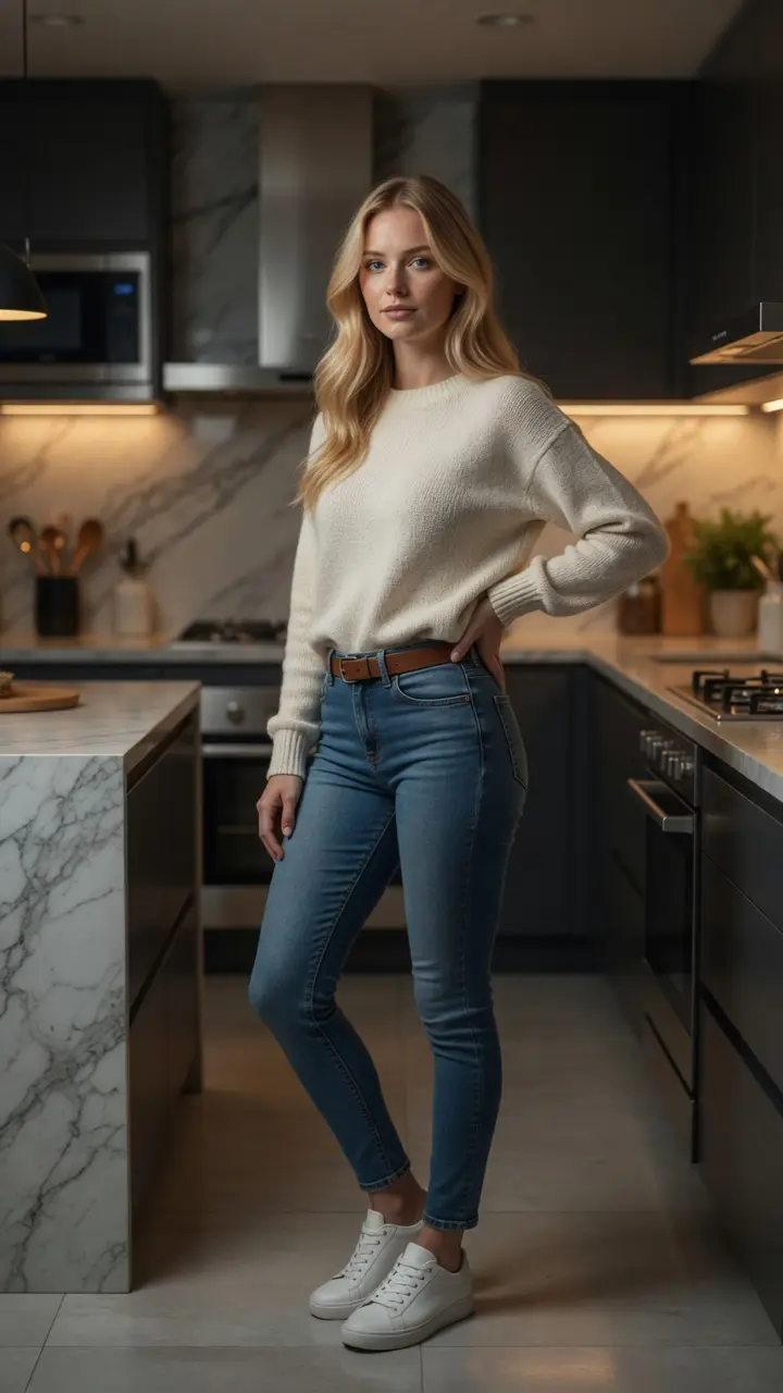 Blonde in cream sweater kitchen pose