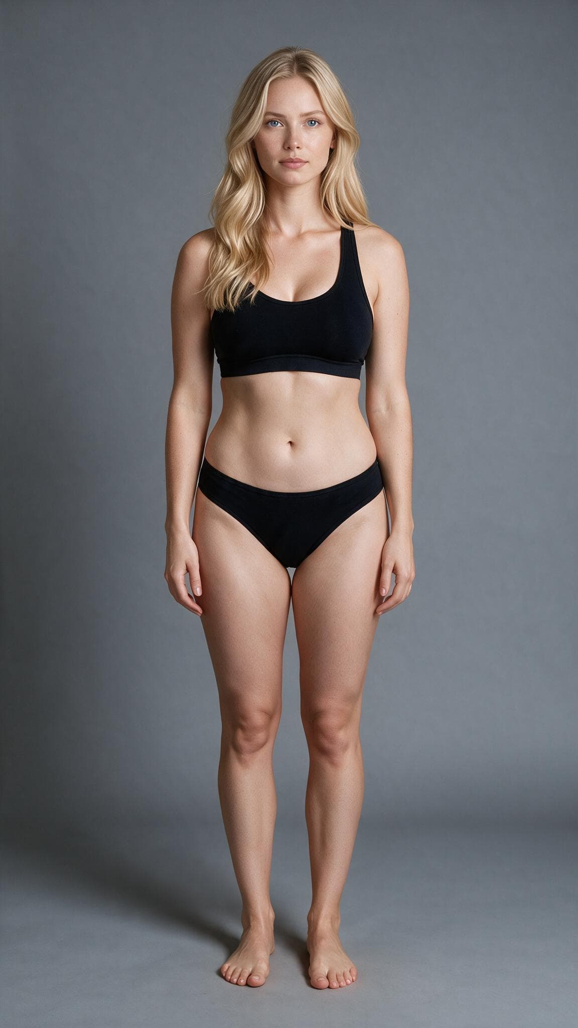 Curvy blonde gym sports bra pose