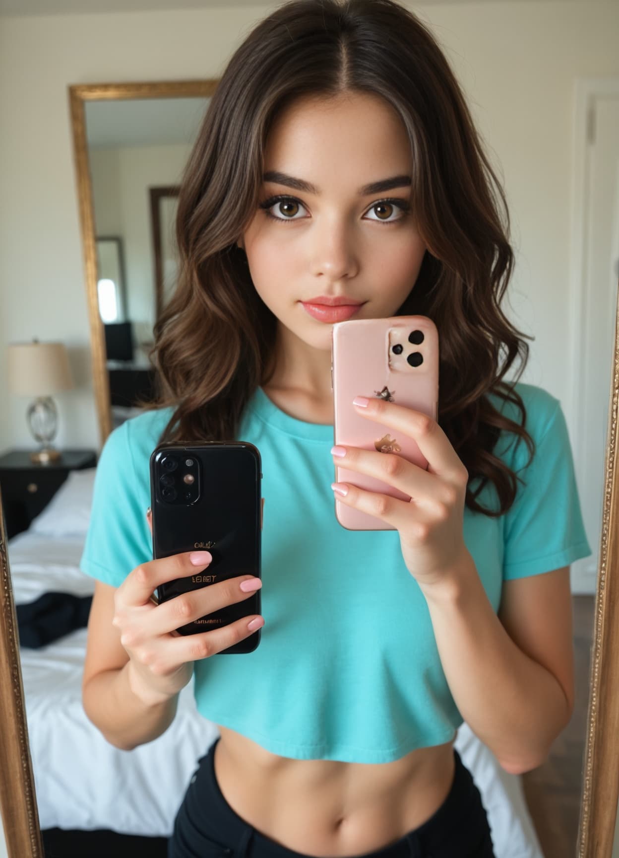 Wavy brunette bedroom mirror selfie