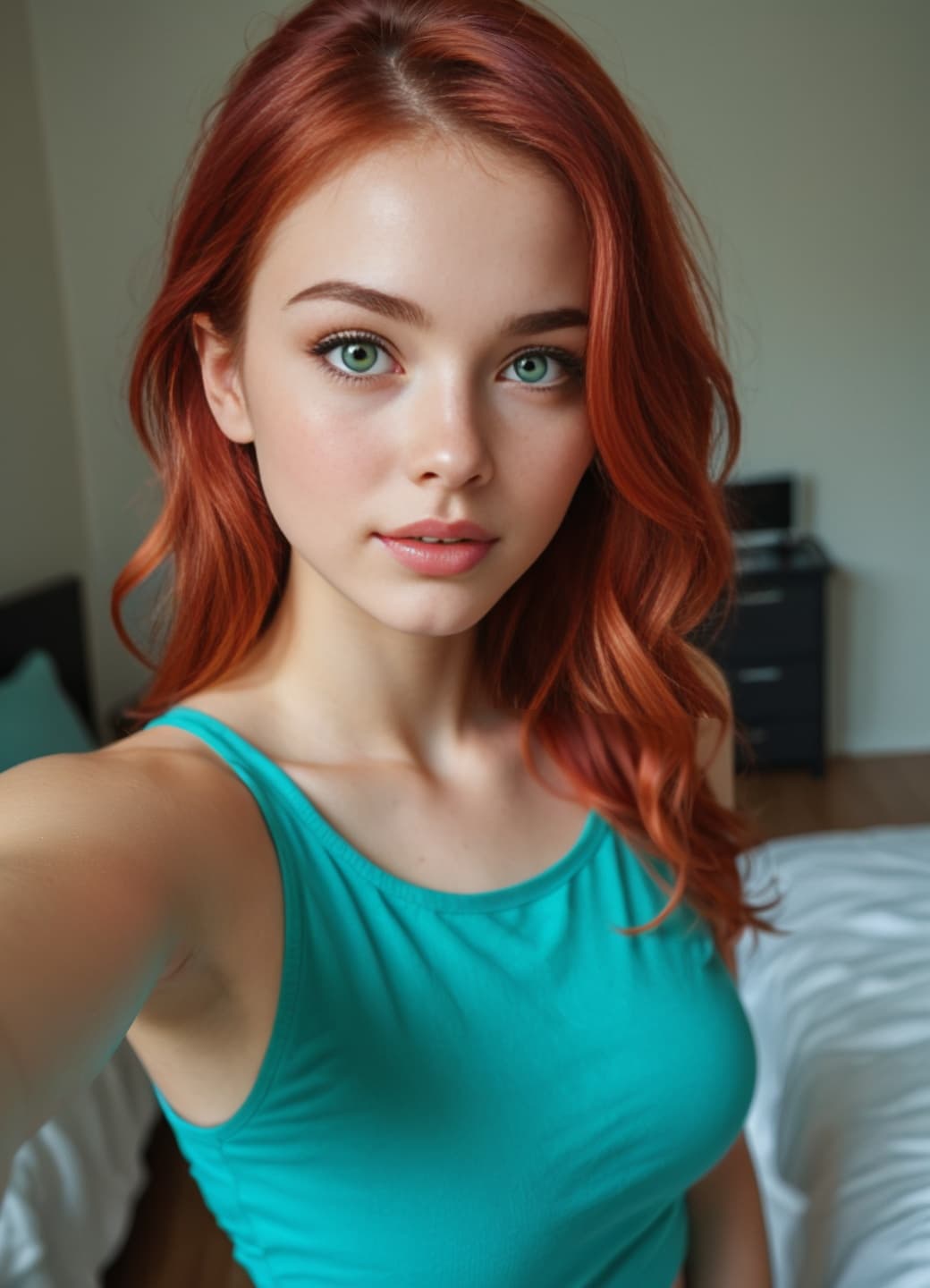 Redhead selfie in turquoise tank
