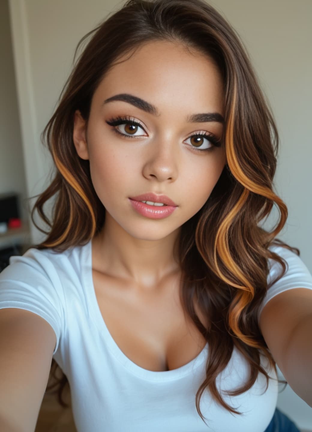 Brunette cleavage selfie in tight white t-shirt