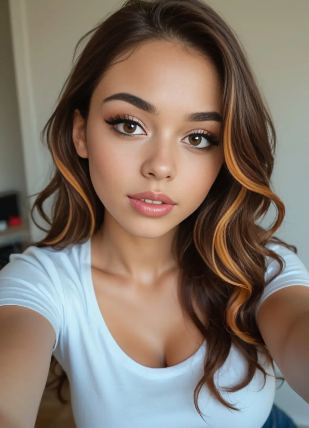 Brunette cleavage selfie in tight white t-shirt
