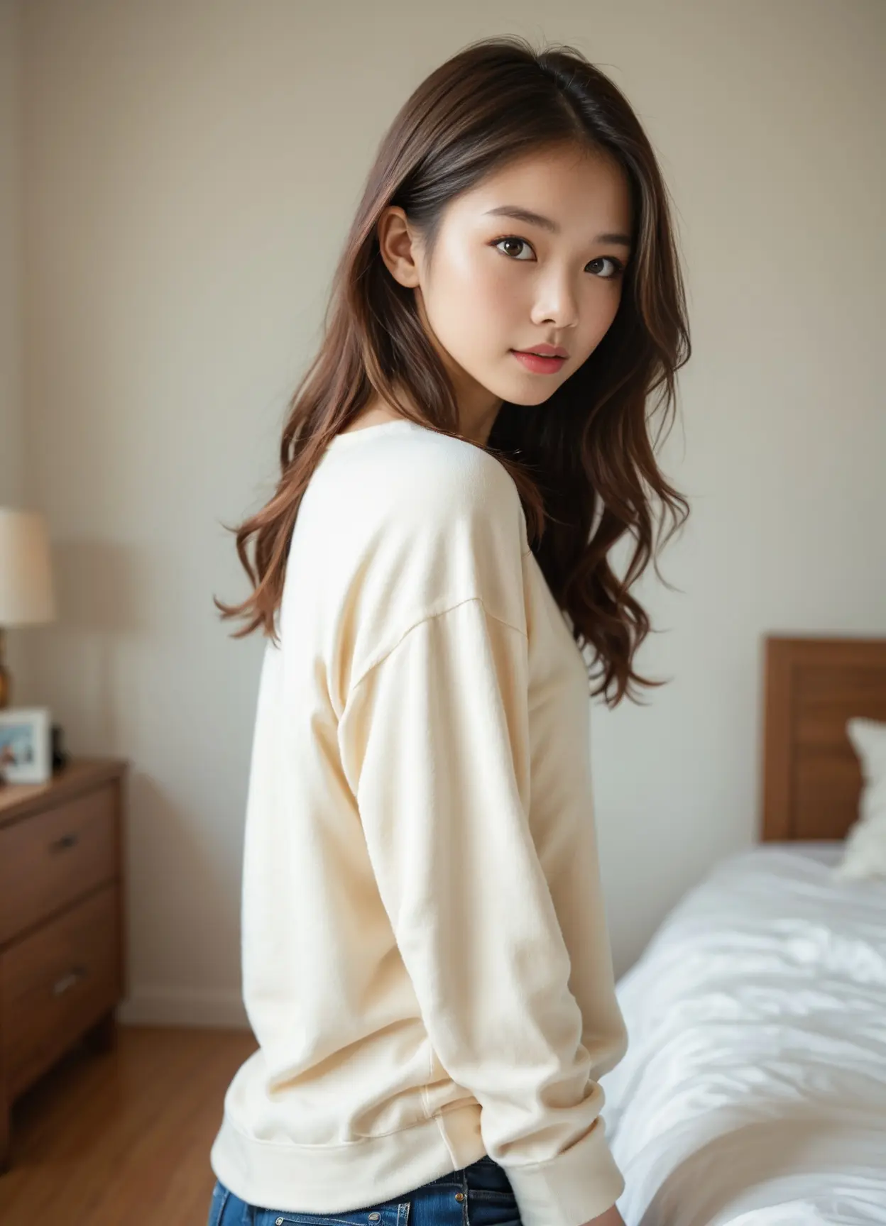 Slim asian curves in bedroom jeans