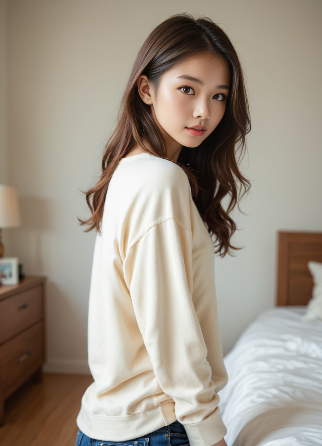 Slim asian curves in bedroom jeans