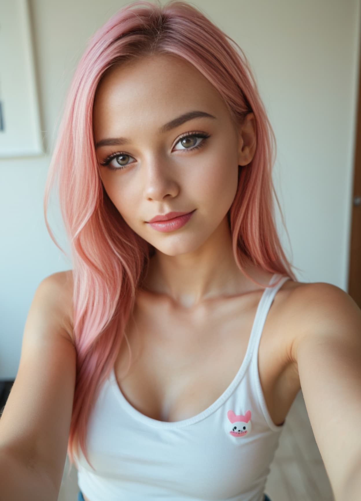 Early 20s pink hair babe selfie cleavage