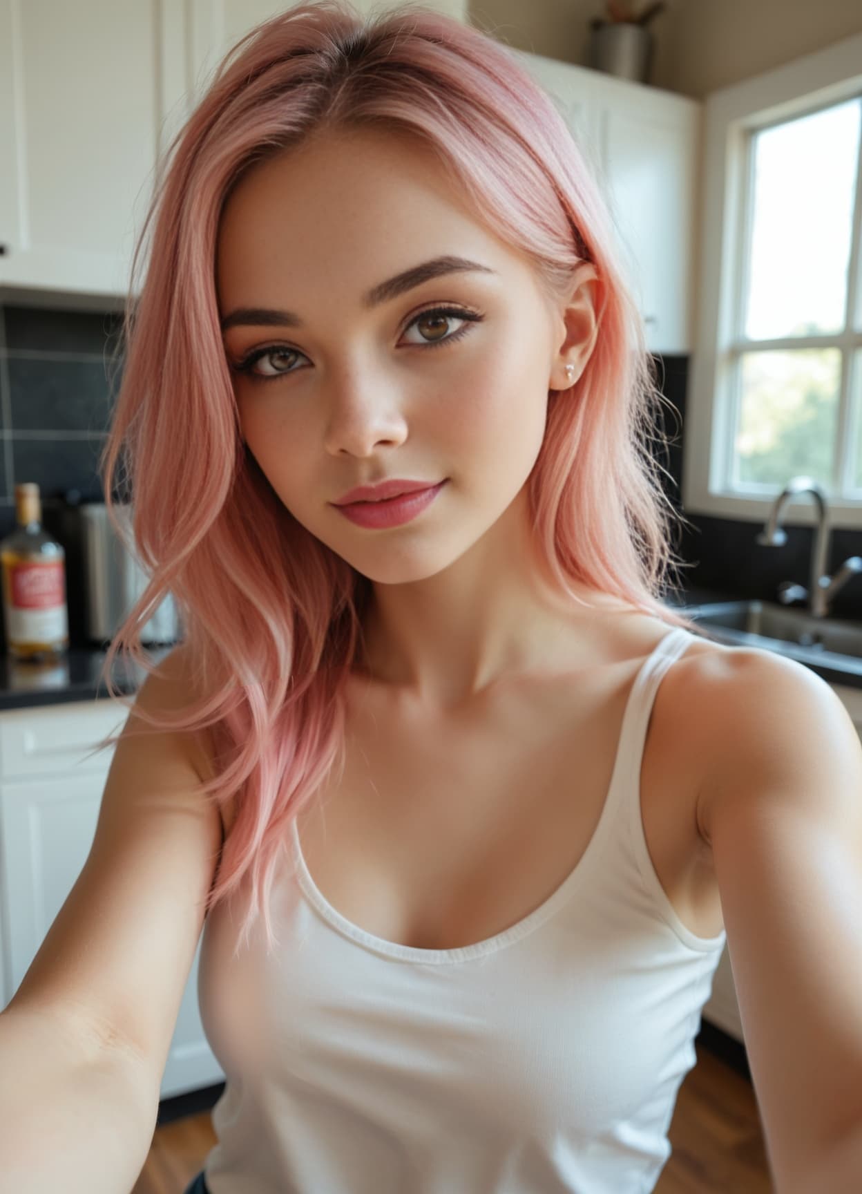 Pink hair cleavage selfie in kitchen