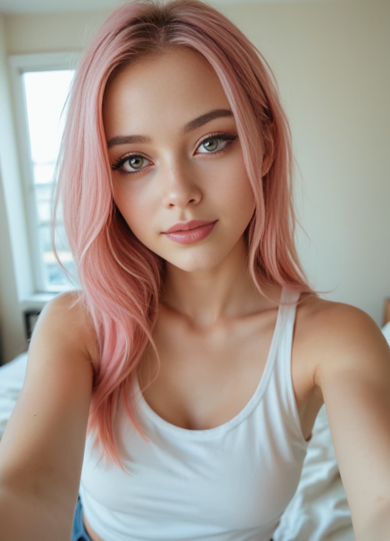 Pink hair bedroom selfie in tank top