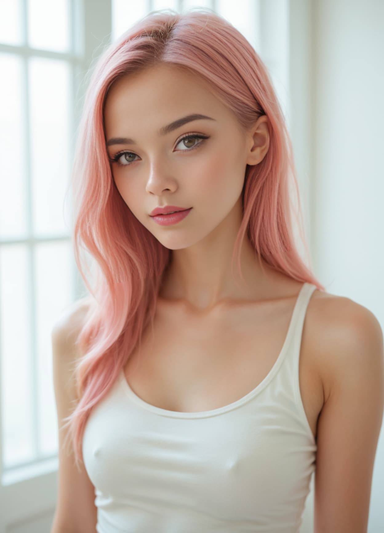 Pink hair close-up cleavage tank top