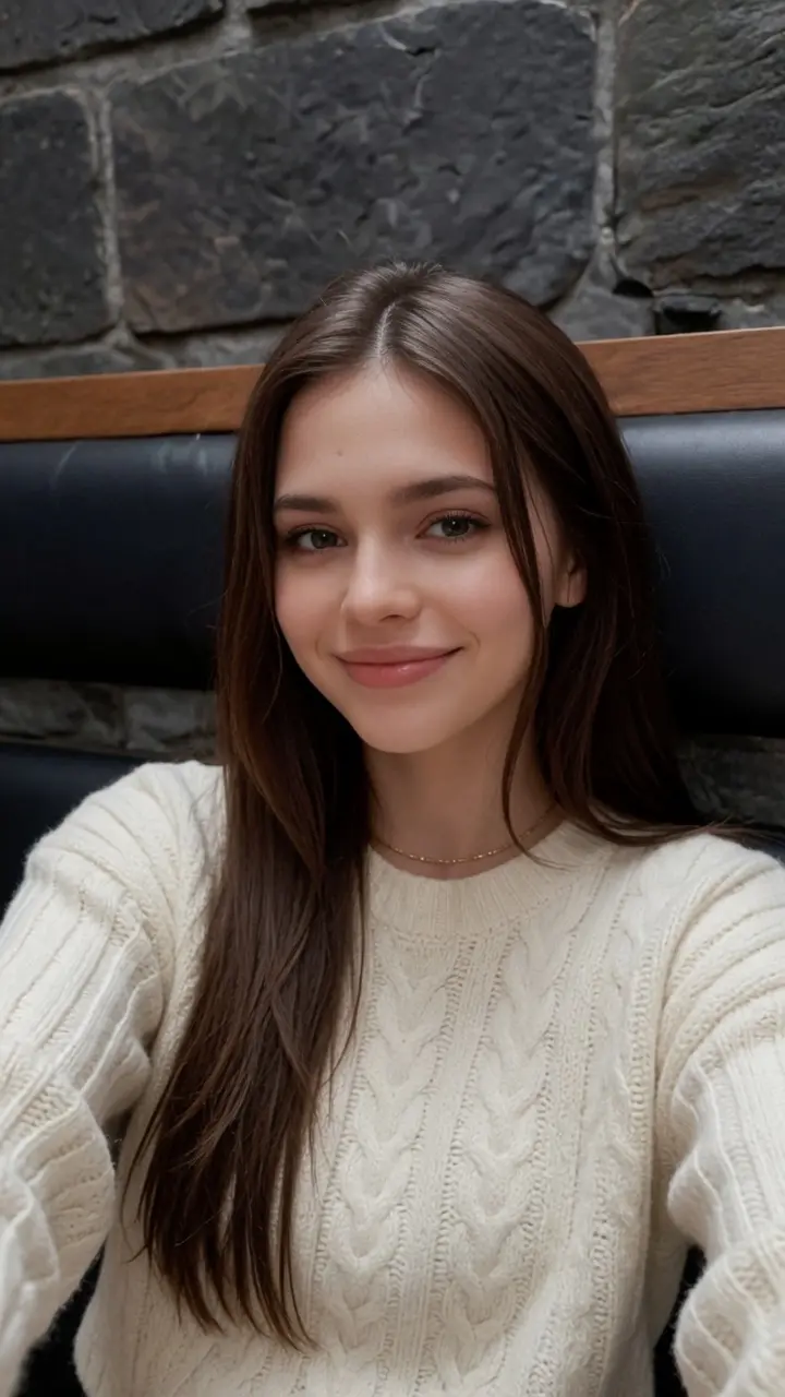 Brunette brown eyes soft smile selfie in cable knit sweater