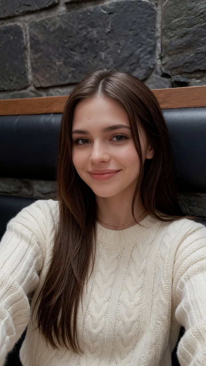 Brunette brown eyes soft smile selfie in cable knit sweater