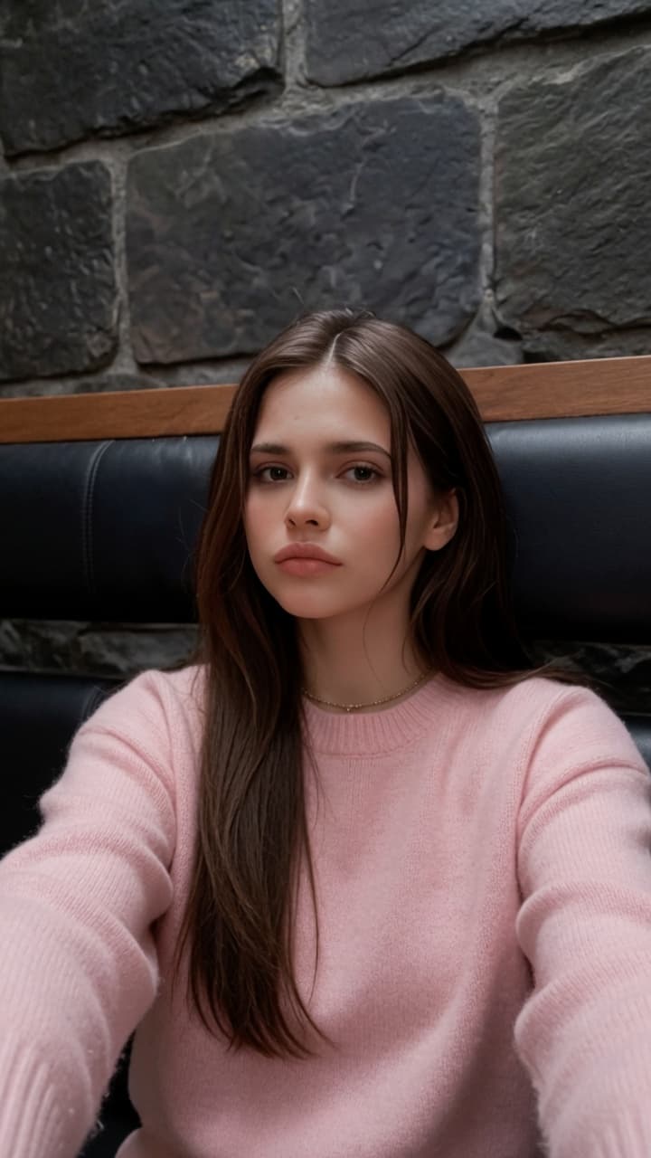 Slim brunette in pink fuzzy sweater selfie
