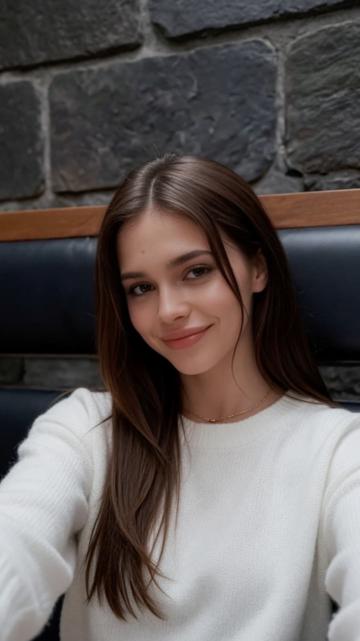 Brunette selfie in white knit sweater, soft smile