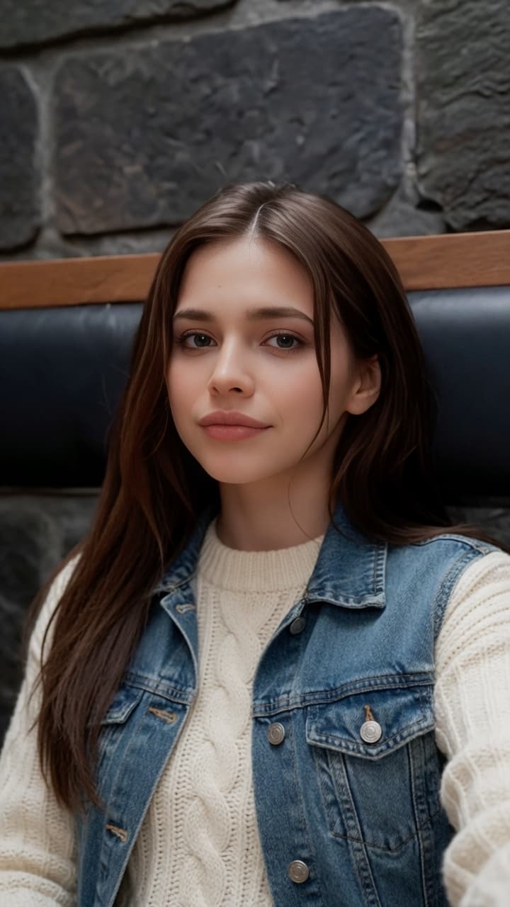 Over shoulder glance in denim vest sweater