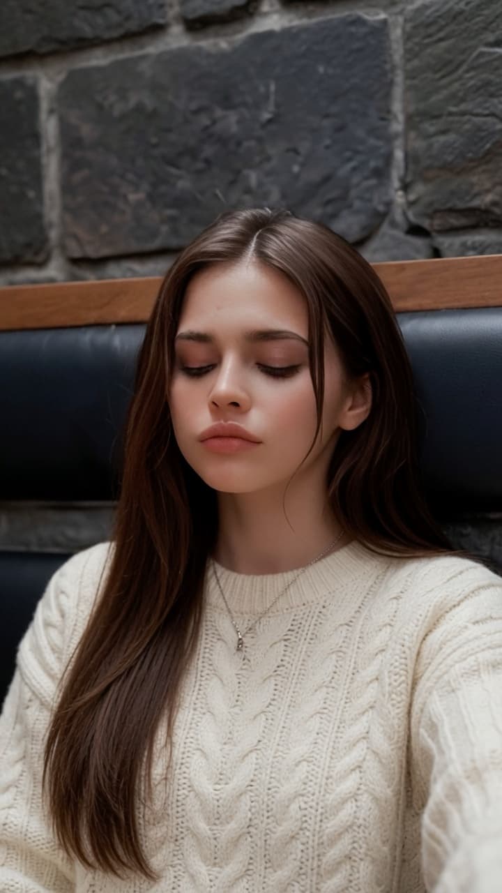 Brunette in cream sweater close-up selfie
