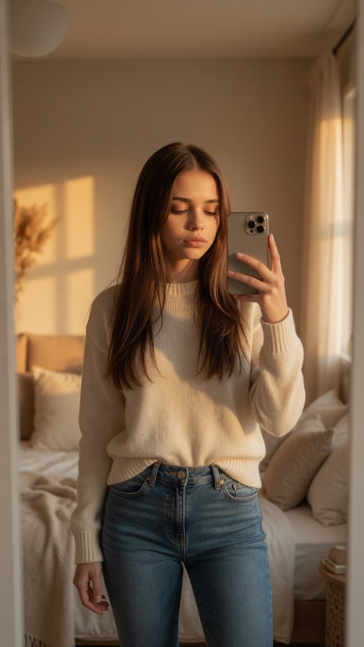 Mirror selfie in cozy bedroom