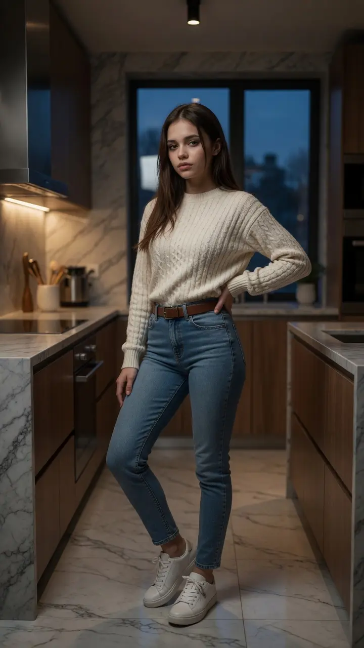 Slim brunette kitchen hip pose