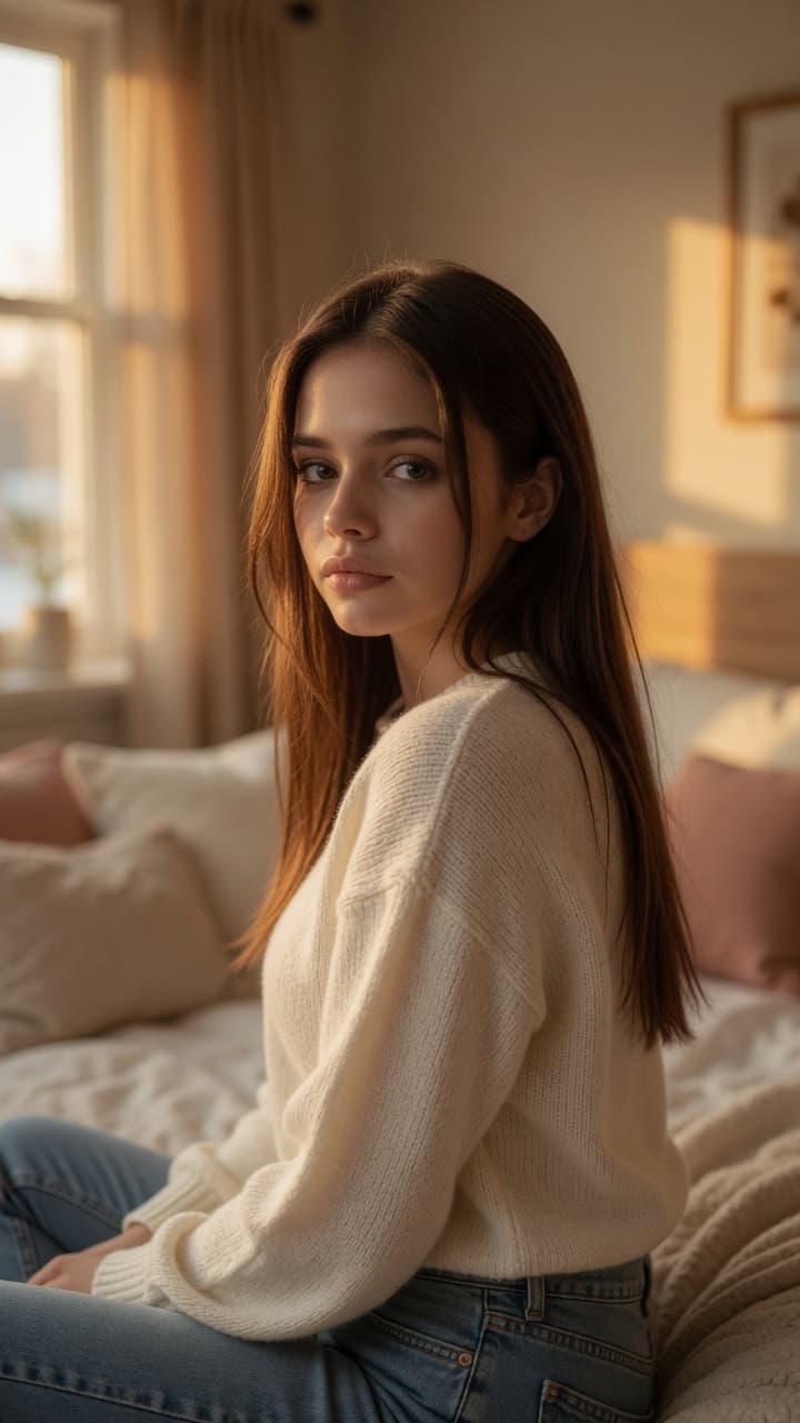 College brunette bedroom over-shoulder glance