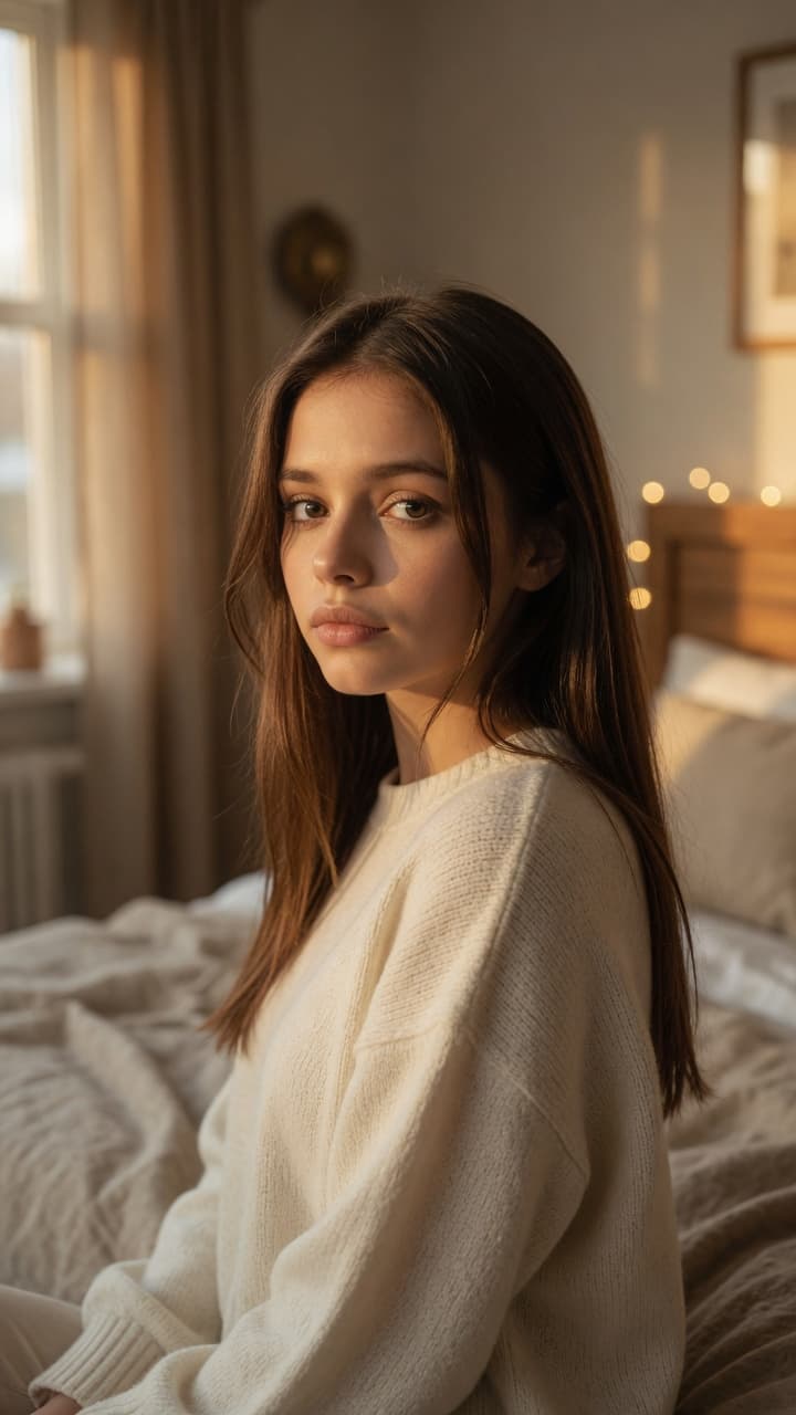 Over-shoulder glance in bedroom