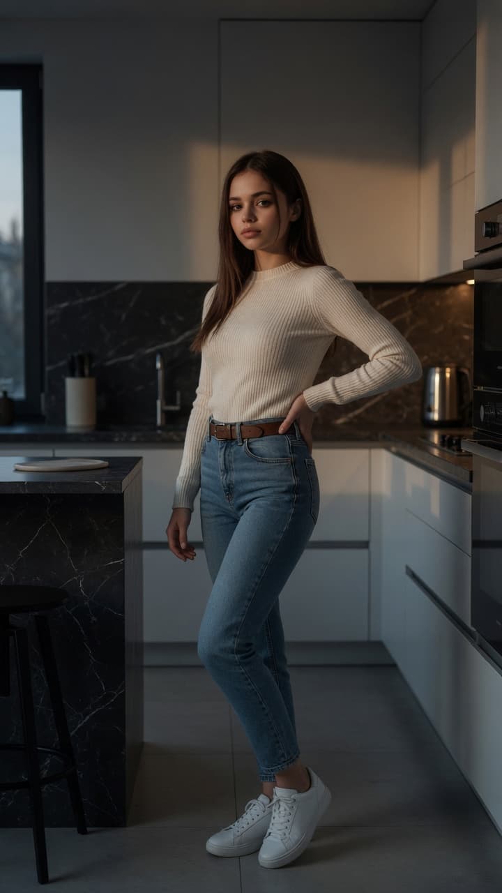 Brunette in kitchen casual outfit