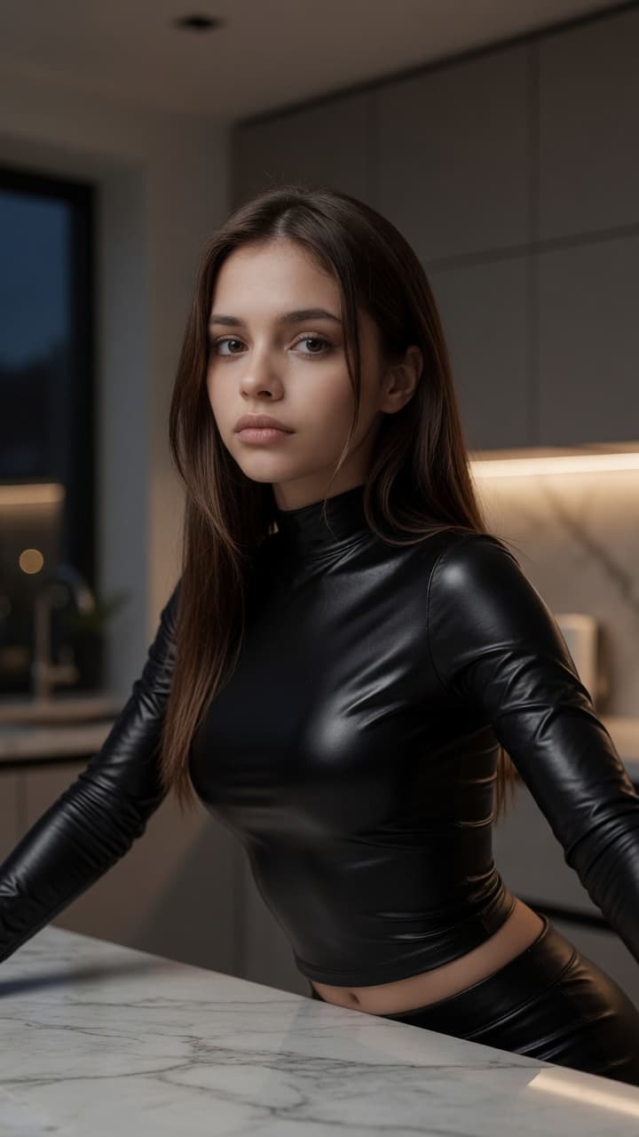Brunette in black leather kitchen