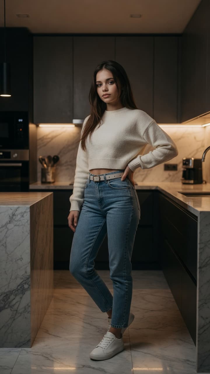 Confident brunette kitchen hip pose
