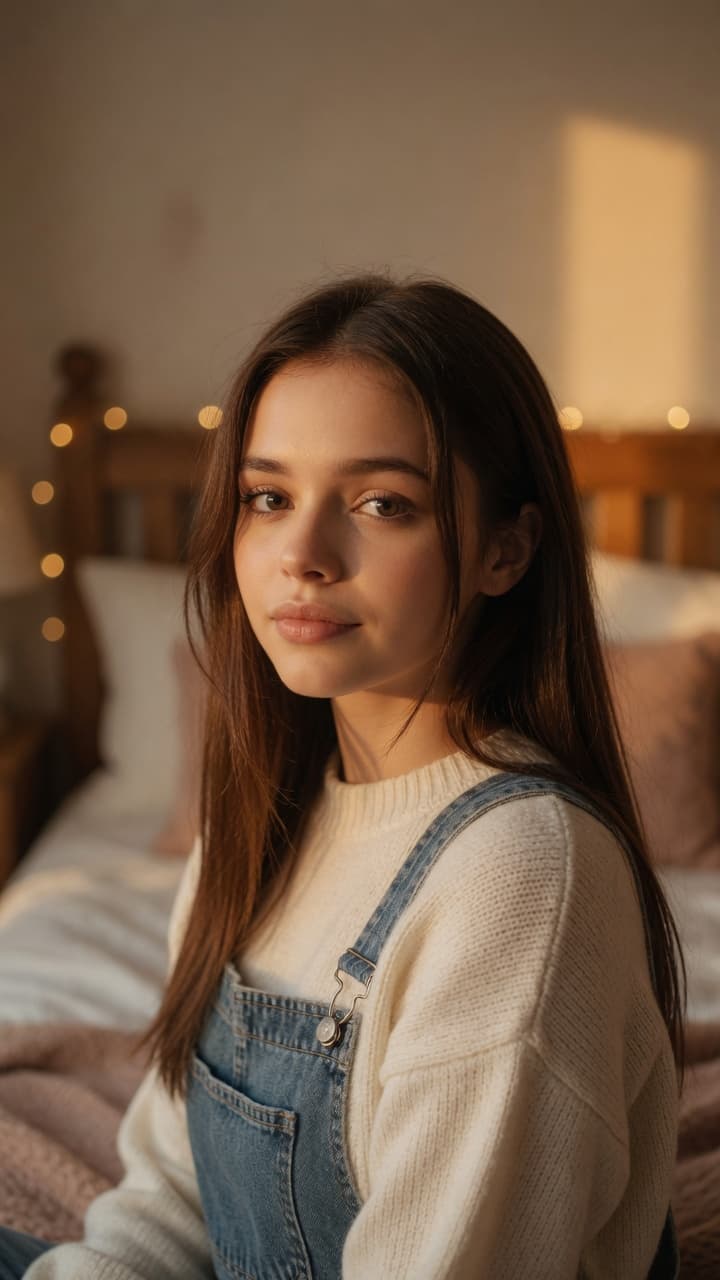 Brunette over-shoulder glance in overalls