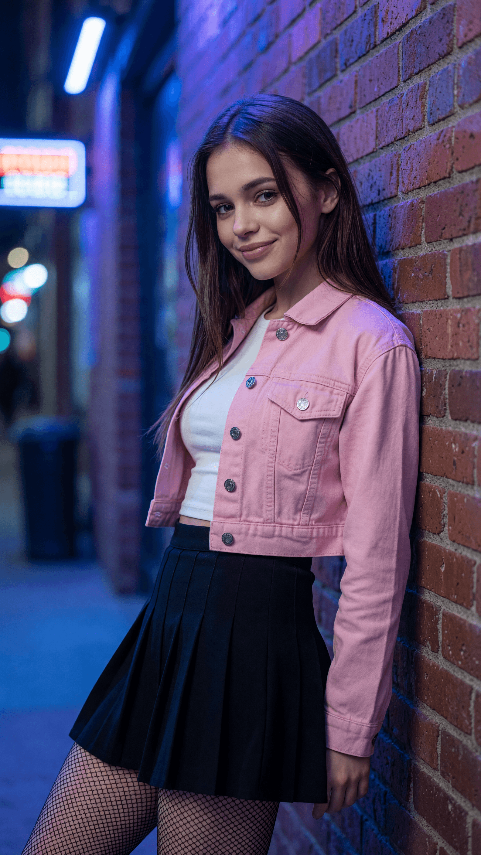 Slim brunette curves in neon alley