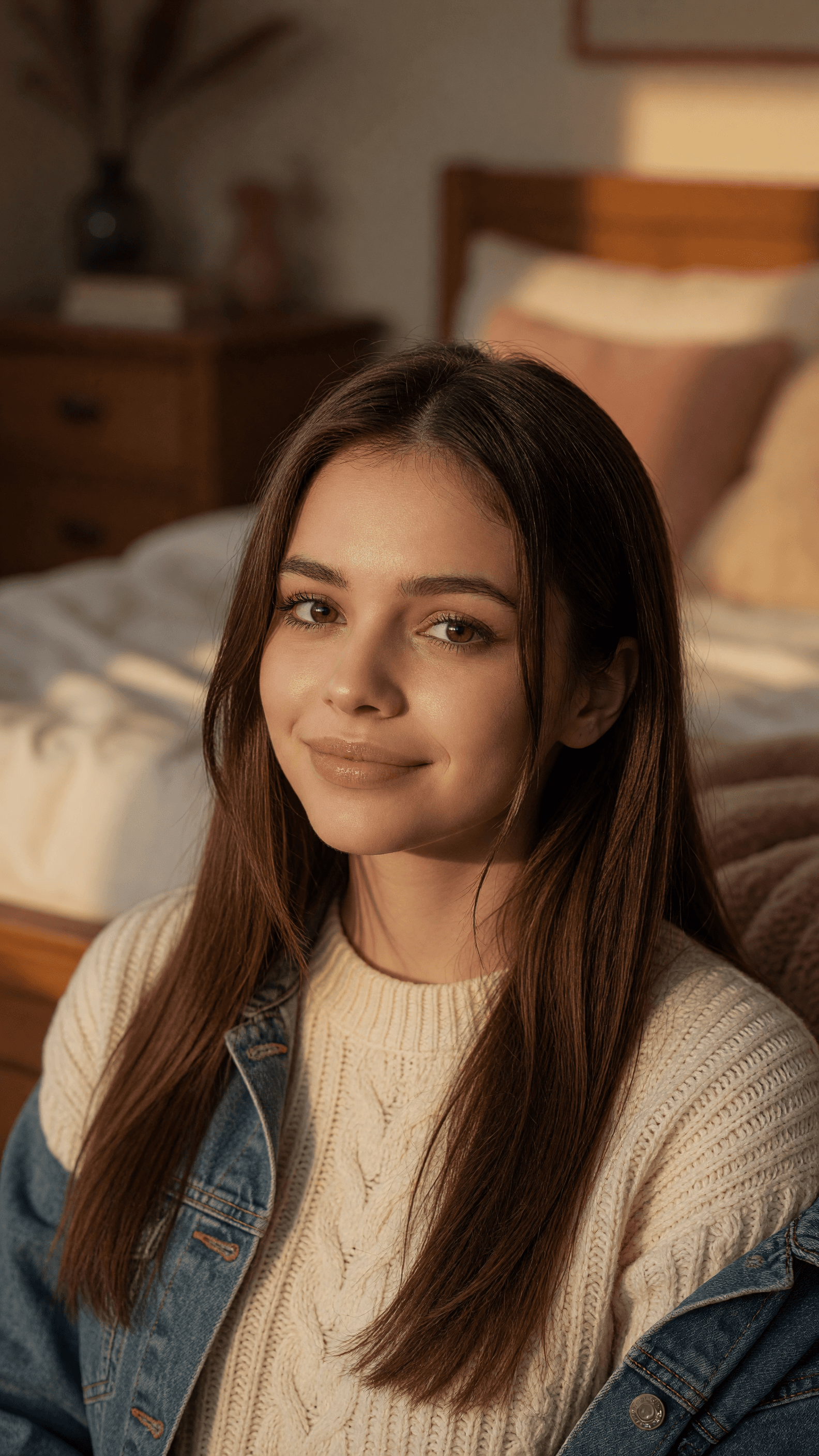 Brunette bedroom golden hour smile