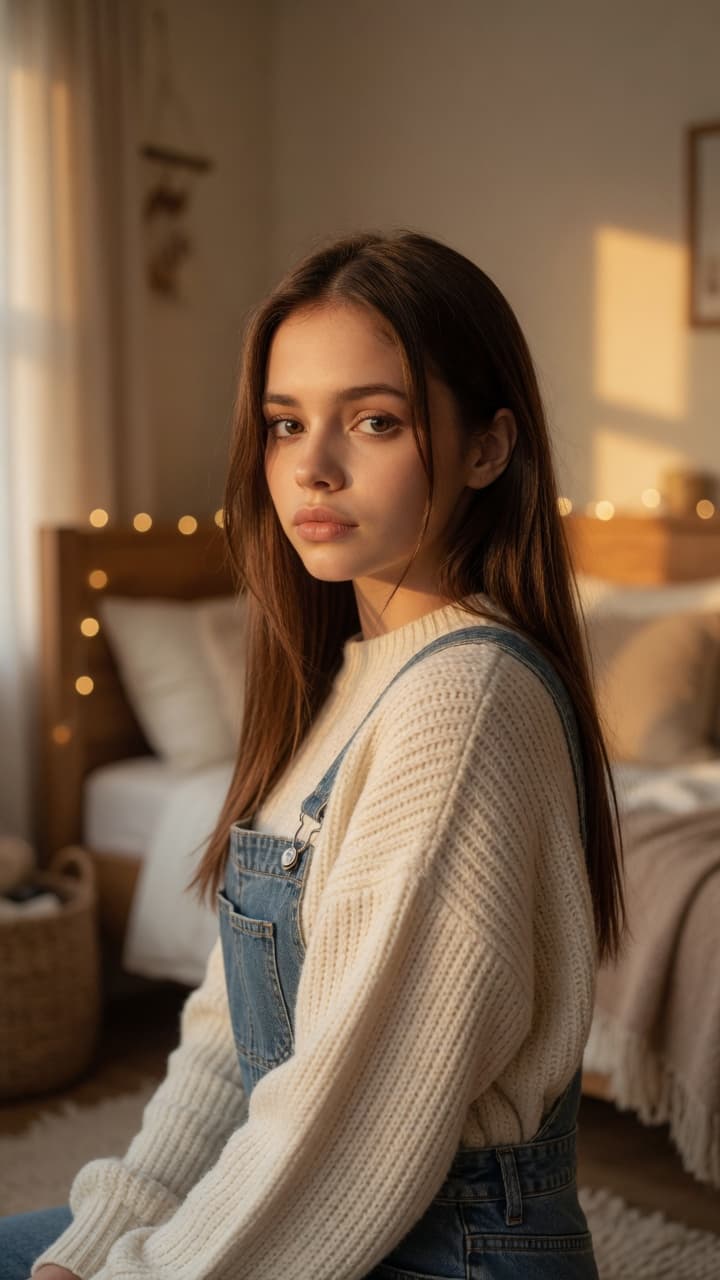 Brunette overalls over-shoulder glance
