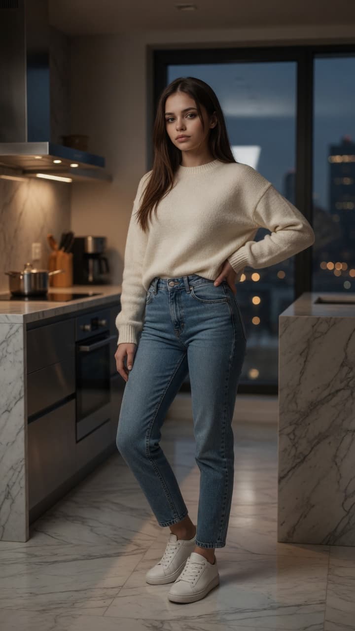 College brunette kitchen pose