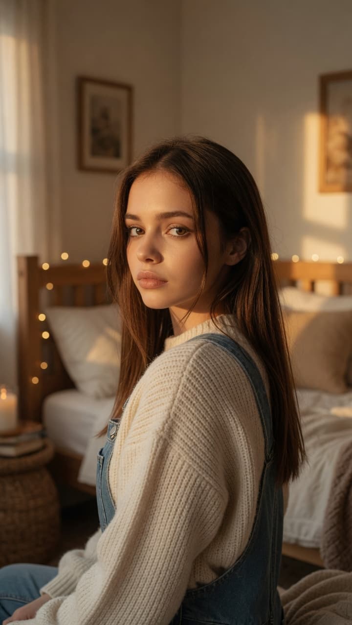 Over-shoulder glance in bedroom