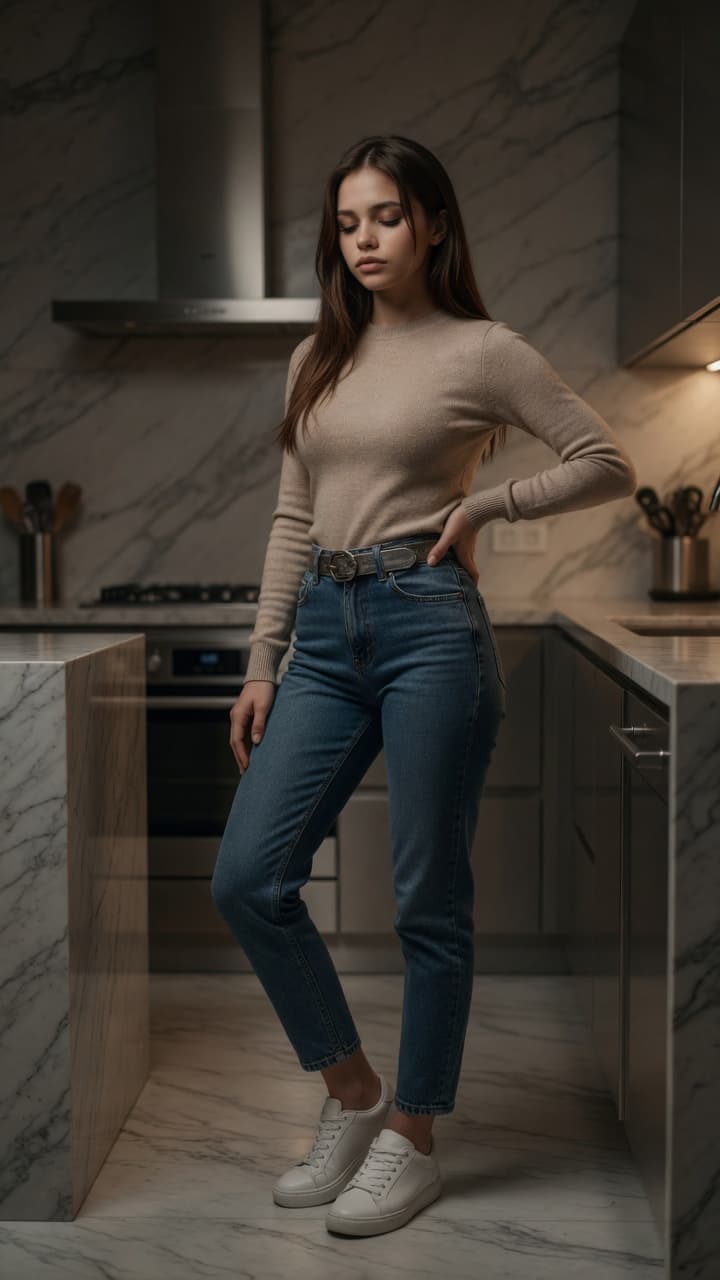 Young brunette in kitchen pose
