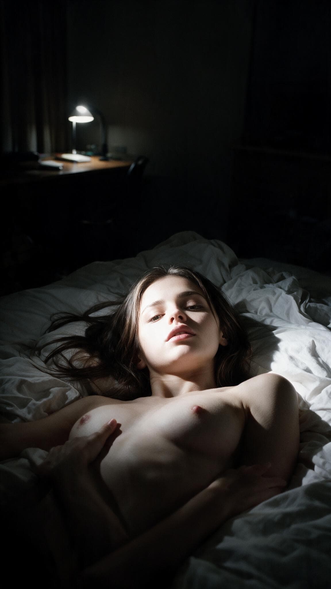 Brunette topless in hotel lamplight